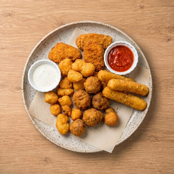 A plate of fried appetizers including chicken nuggets, cheese curds, and mozzarella sticks with dipping sauces.