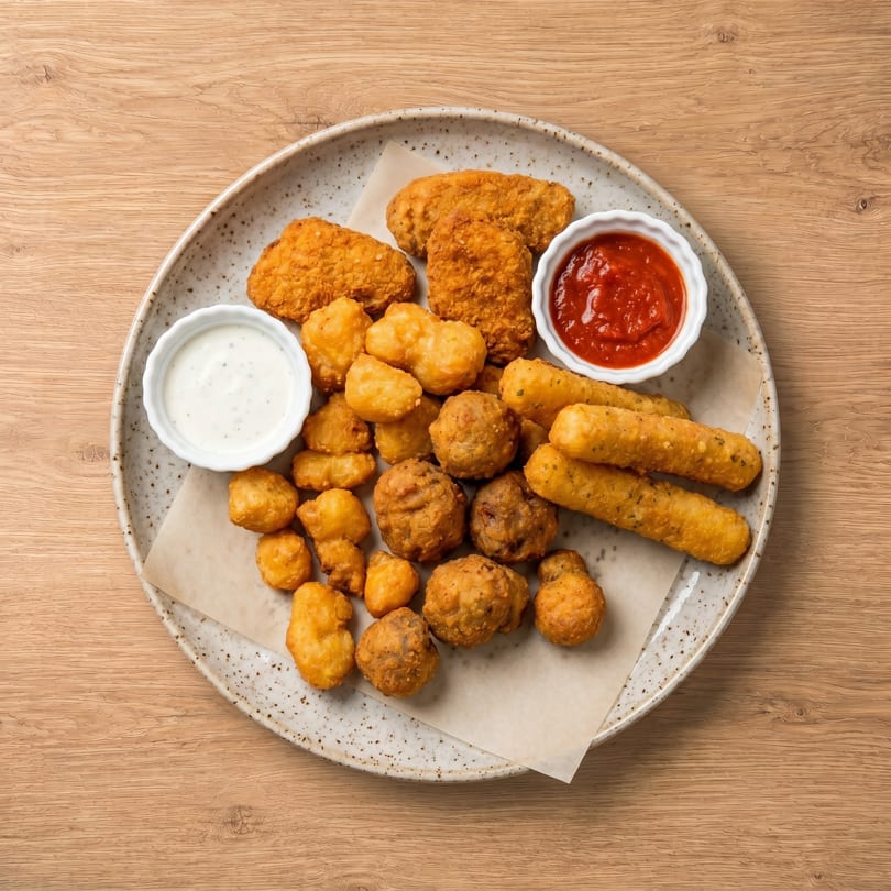 A plate of fried appetizers including chicken nuggets, cheese curds, and mozzarella sticks with dipping sauces.