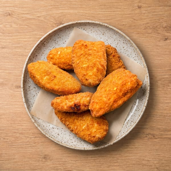 A speckled white plate holds several golden-brown, breaded chicken tenders on a light brown wooden table.