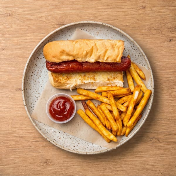 A hot dog in a bun with a side of golden fries and a small cup of ketchup on a speckled plate.