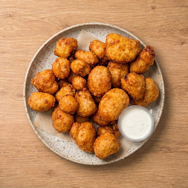 A plate of golden-brown fried cheese curds with a side of white dipping sauce on a wooden table.