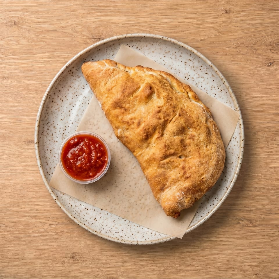 Golden-brown calzone with a side of red marinara sauce on a speckled white plate.