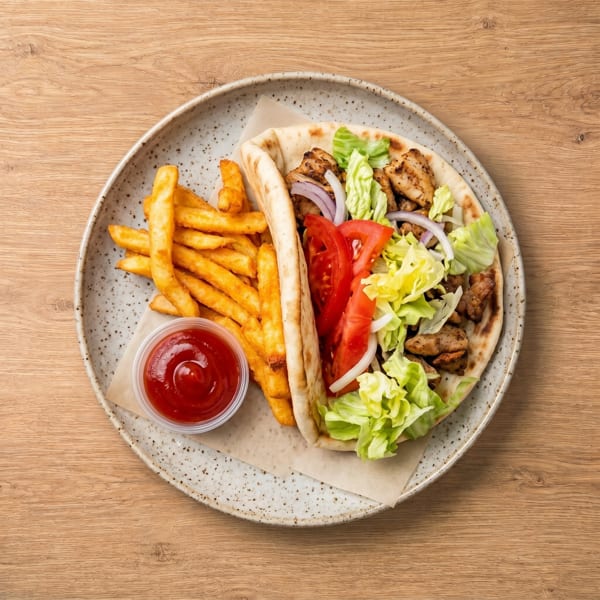 Chicken pita with lettuce, tomato, and onion, served with golden french fries and ketchup.