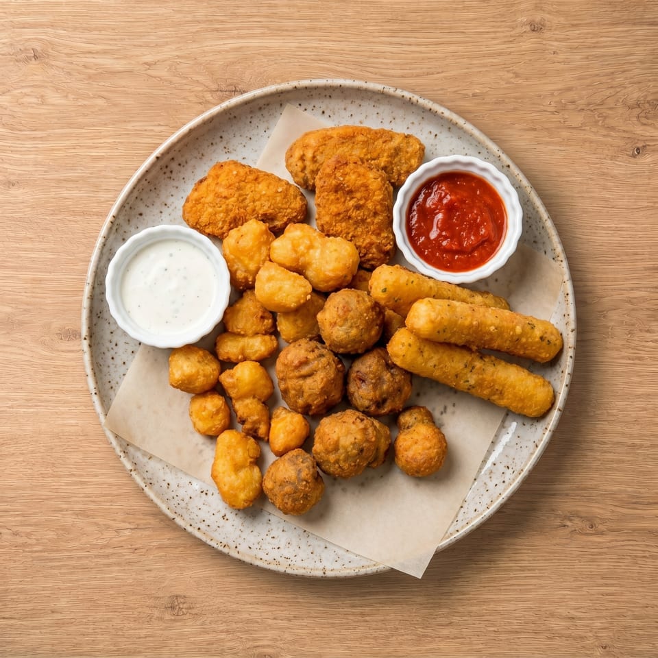 A platter of fried appetizers including chicken nuggets, mozzarella sticks, and fried mushrooms with dipping sauces.