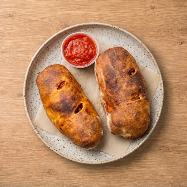 Two golden-brown calzones with a side of red marinara sauce on a speckled plate.