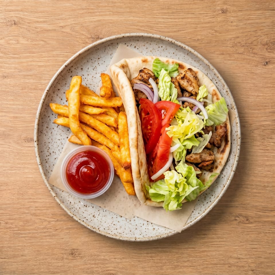 Chicken gyro with lettuce, tomato, and onion, served with french fries and ketchup on a plate.